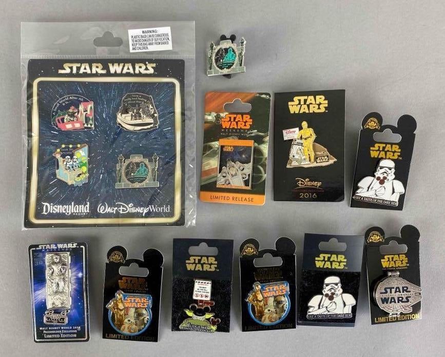 Group of Disney Star War Enamel Pins: Includes Storm Trooper, X Wing, Millennium Falcon and More, largest measures 2 1/2 x 1 inches