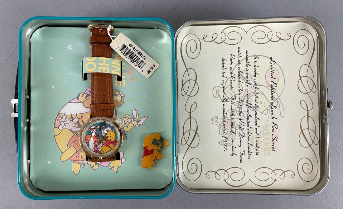 Limited Disney Winnie the Pooh Lunchbox Series Wristwatch and Pin: Limited number 4171/5000, lunchbox measures 5 x 5 1/2 x 2 1/2 inches