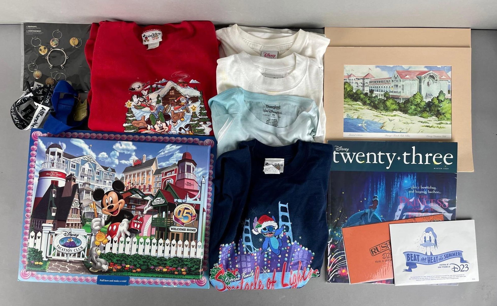 Group of Assorted Disney Items: Includes children's shirts, limited edition lithographs, winter 2009 twenty-three magazine, and more. Largest item measures 12 3/4 x 15 3/4 inches