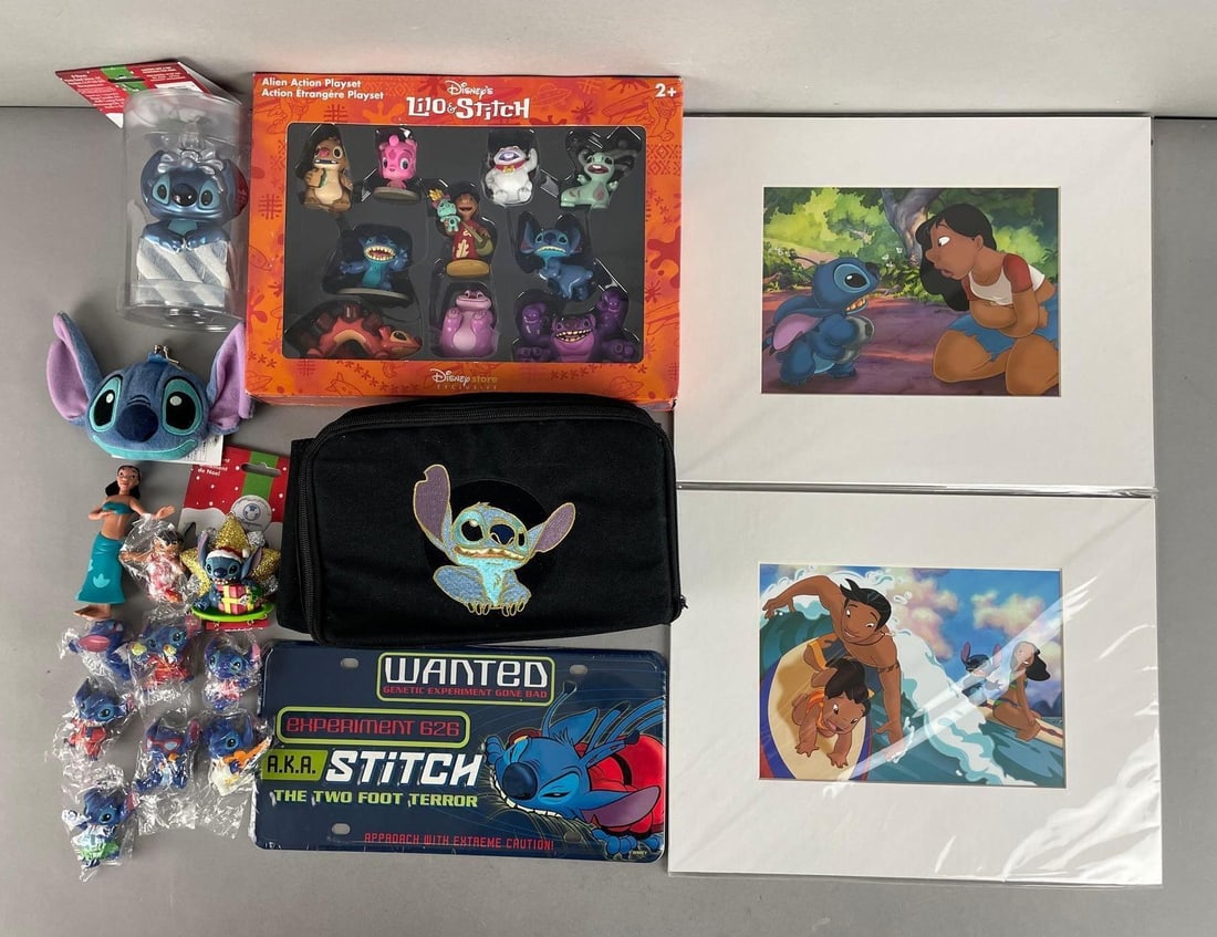 Group of Disney Lilo and Stitch Items: Includes figurines, fanny pack, art prints, and more. Alien action Playset box measures 9 x 12 x 2 1/2 inches