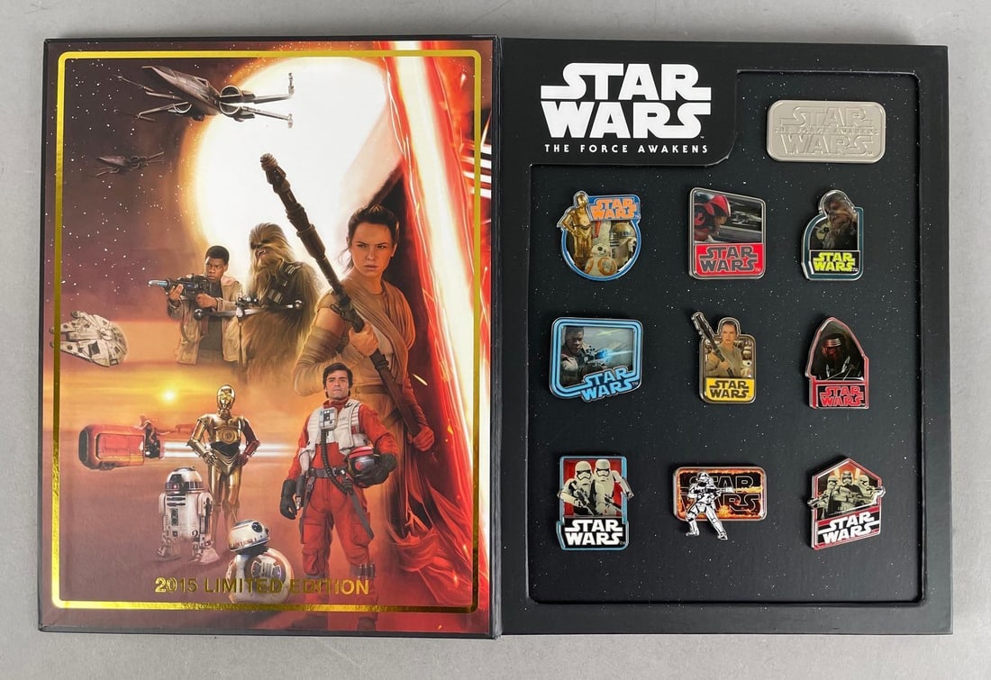 Limited Edition 2015 Disney Star Wars The Force Awakens Enamel Pin Set: Limited number of 10,000. Original packaging measures 11 1/4 x 8 1/2 inches