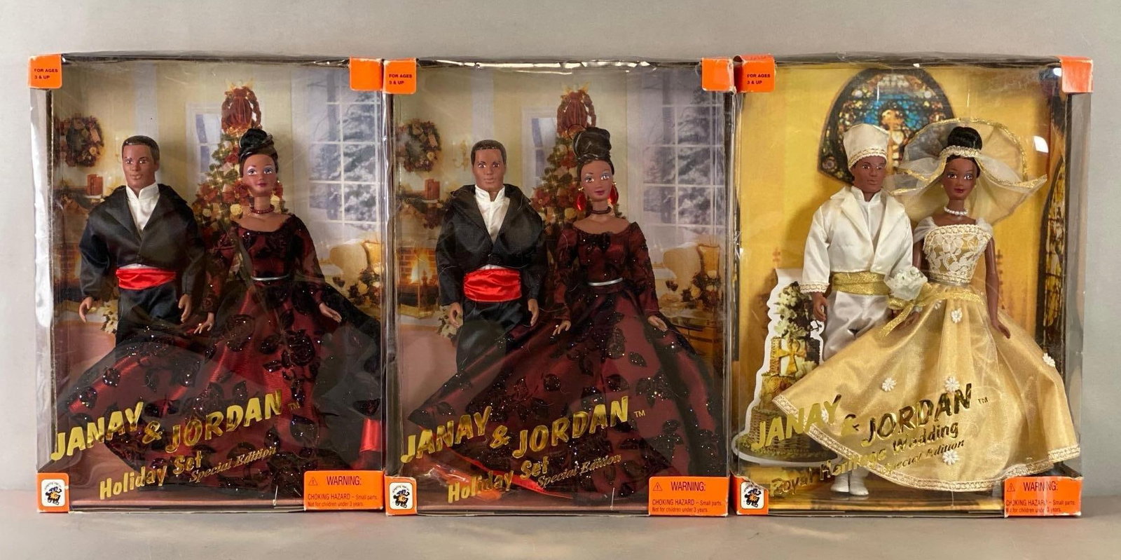 Group of 3 Integrity Toy Inc. Special Edition Janay and Jordan Fashion Doll Sets: 1999 All are in original boxes. Includes Royal Heritage Wedding and two Holiday sets. Largest box measures 15 x 11 x 3 3/4 inches.
