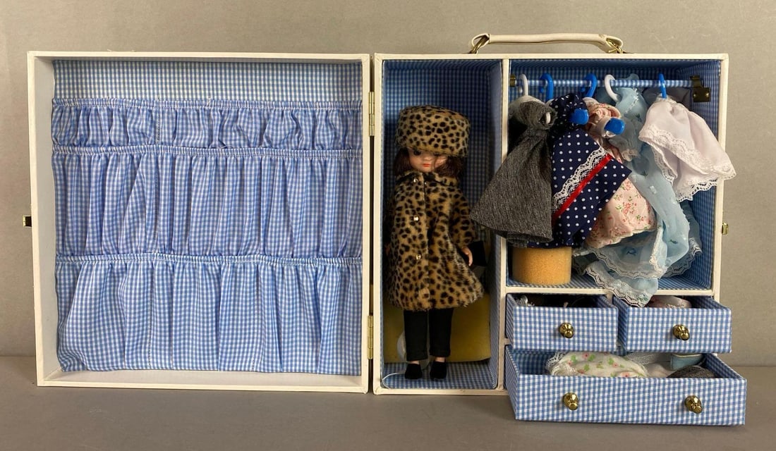 Betsy McCall Case and More: Include Brunette Fashion Doll, coat, dress and more. COA included. Case trim is taped down. Case measures 10 1/4 x 9 1/2 x 4 inches.