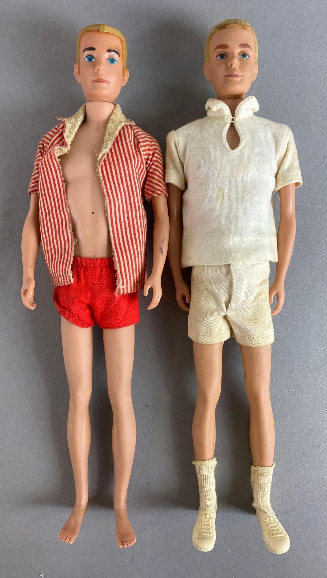 Group of 2 Vintage Mattel Ken Dolls: Both have discoloration. One is oily and one is sticky. Largest measures 12 inches.