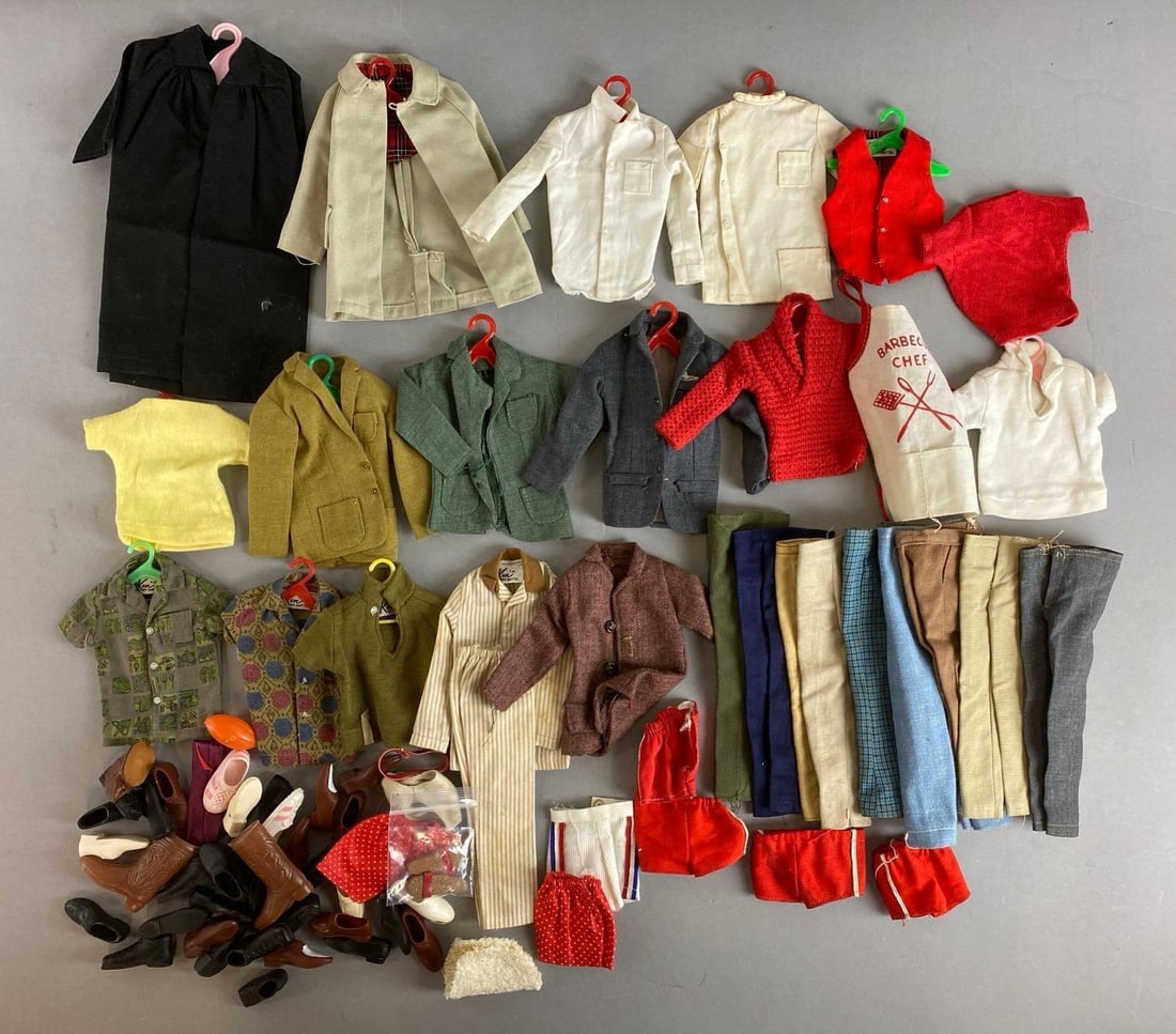 Group of Vintage Mattel Ken Fashion Clothes: Outfits completions unknown. Includes doctor Jacket, jackets and more. Largest item measures 8 1/2 inches.