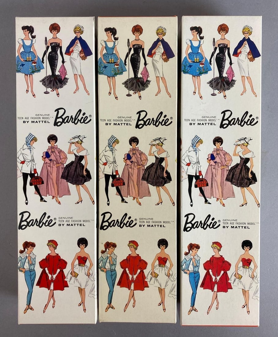 Group of 3 Vintage Mattel Barbie Teen Age Fashion Model Boxes: 1962 Stock No. 850, 1 Redhead 2 Platinum, 2 Ponytail and 1 Bubble cut. Includes swimsuits, wrist tags and more x largest box measures 12 1/4 x 3 x 1 3/4 inches.