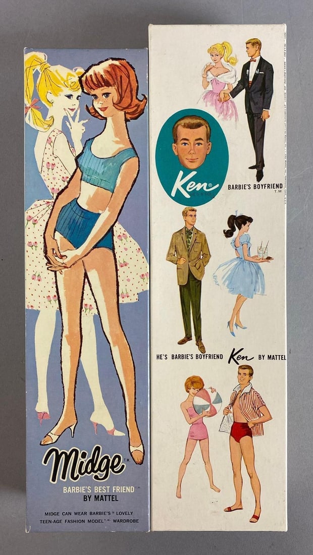 Group of 2 Vintage Mattel Midge and Ken Boxes: Ken Stock No.750 Blonde. Midge Stock No. 860 Blonde. Both includes stand and inserts. Largest box measures 13 x 3 1/2 x 2 inches.