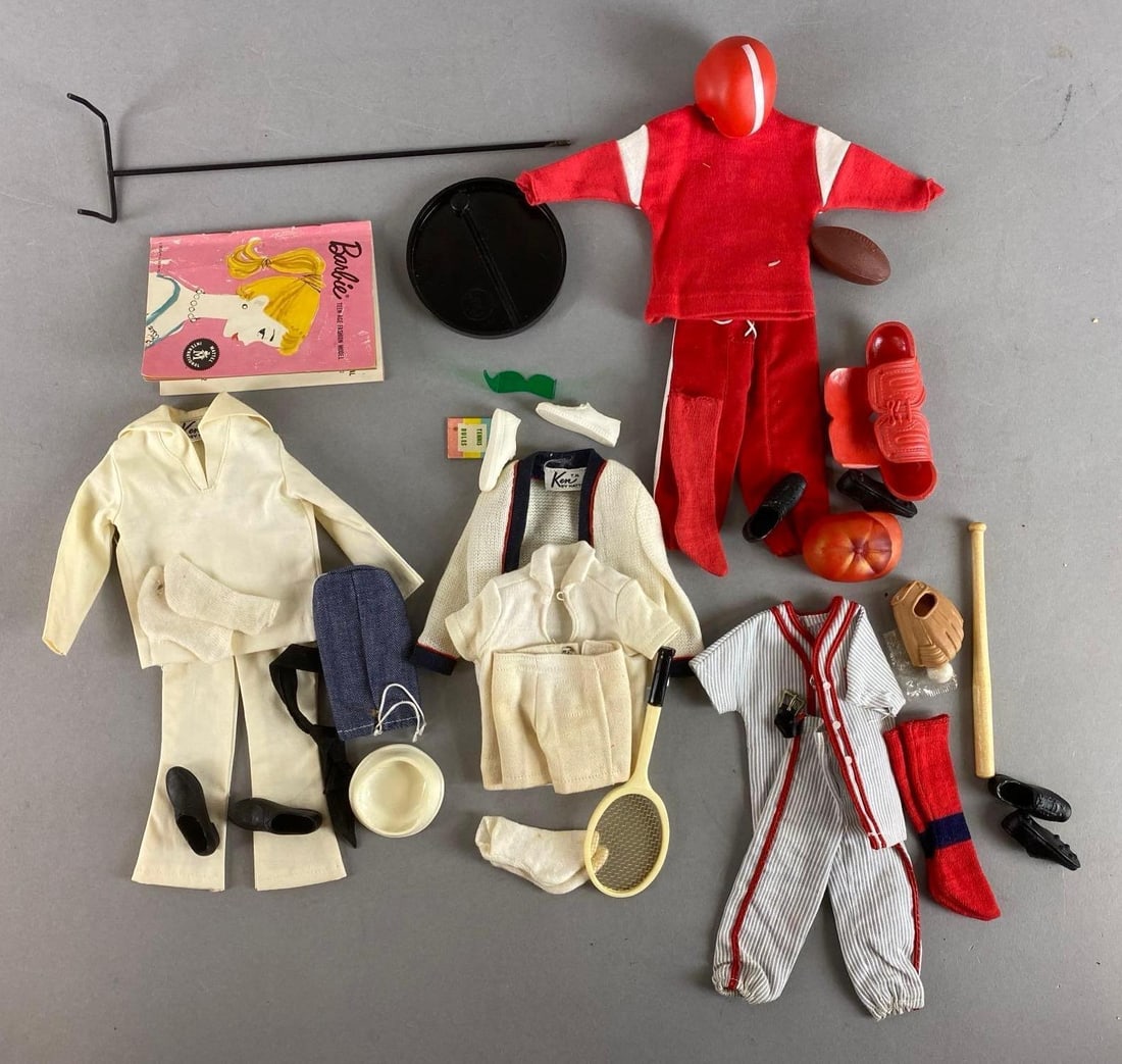 Group of 4 Mattel Ken Fashion Outfits and more: Outfit completion unknown. Includes US Navy Uniform , football and more. Largest item measures 9 x 3 x 3 inches.