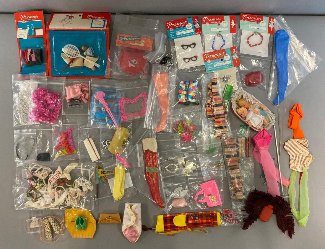 Group of Assorted Doll Fashion Items: Includes purse, glasses, golf bag and more. Some are in original packaging. Largest item measures 6 3/4 x 5 3/4 x 1/2 inches.