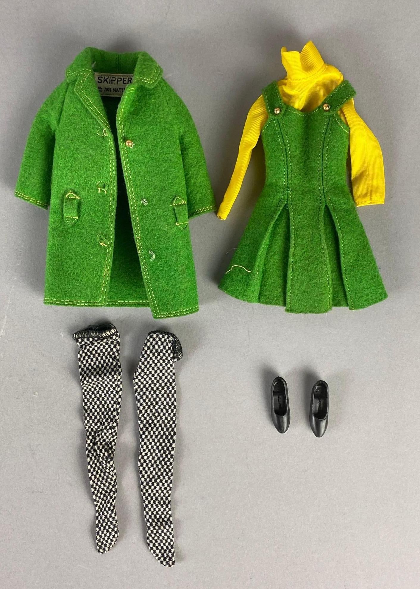 1963 Mattel Barbie Skipper Town Togs Fashion Outfit: Includes dress, shirt, coat, stockings, and shoes, For 9 inch dolls.