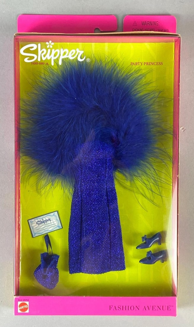 1999 Mattel Barbie Skipper Fashion Ave. Party Princess Fashion Outfit: No. 25753, In original packaging, Packaging measures 11 1/4 x 6 3/4 x 1 inches, For 9 inch dolls.