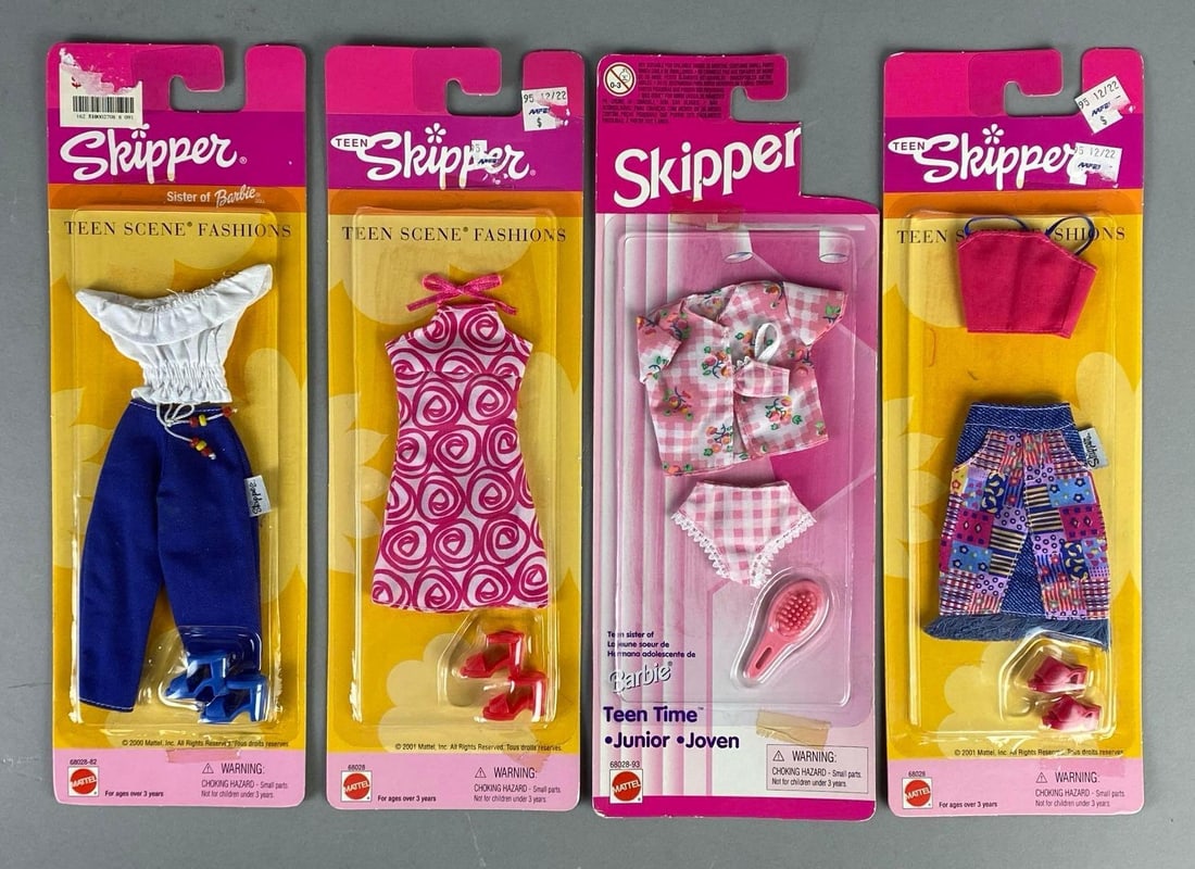 Group of 4 Mattel Barbie Skipper Fashion Outfits: 1996-2001, In original packaging, Includes Teen Scene Fashions And Teen Time, Packaging measures 12 x 4 1/2 inches, For 11 1/2 inch dolls.