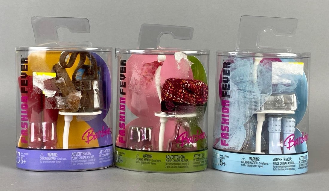 Group of 3 Mattel Barbie Fashion Fever Fashion Accessory Sets: 2005-2006, In original packaging, Packaging measures 4 1/2 x 3 1/2 x 2 1/4 inches.