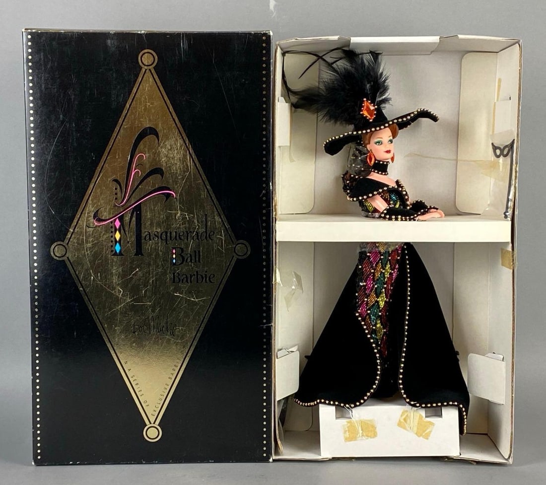 1993 Mattel Bob Mackie Masquerade Ball Barbie Fashion Doll: In original box, 6th in the Bob Mackie Collection Series, Some wear along edges of box, Some scratches on front of box, With reproduction of Bob Mackies original signed illustration, Box measures 17 1