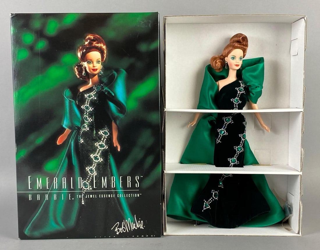 1996 Mattel Bob Mackie Emerald Embers Barbie Fashion Doll: In original box, The Jewel Essence Collection, Limited Edition, With COA, Box measures 14 x 9 x 3 inches.