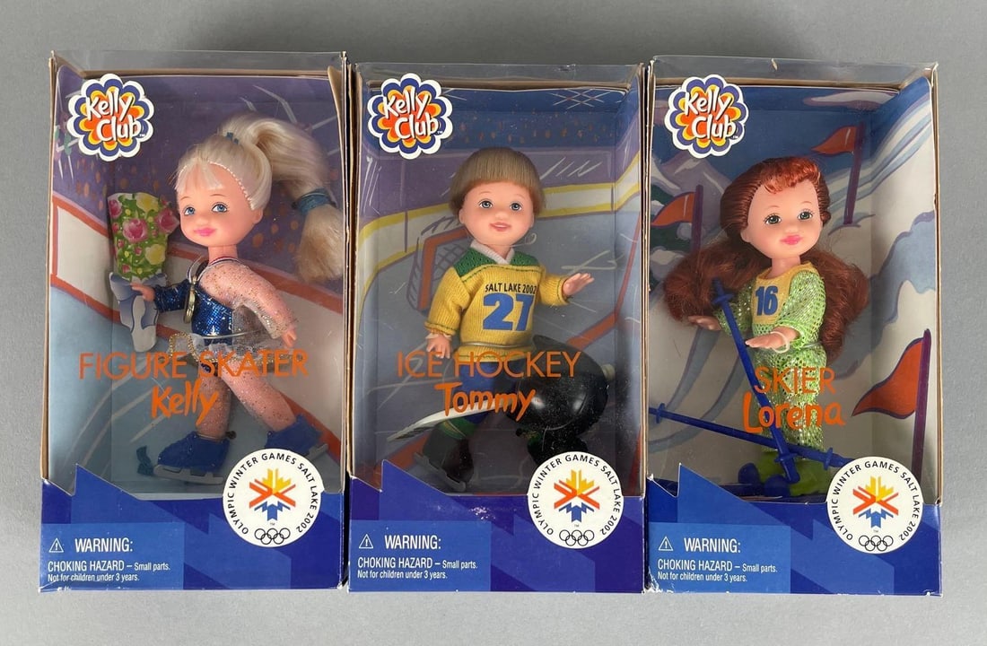 Group of 1997 Mattel Kelly Club Winter Olympics Fashion Dolls: 2002 salt lake games, includes figure skater Kelly, ice hockey Tommy, skier Lorena
