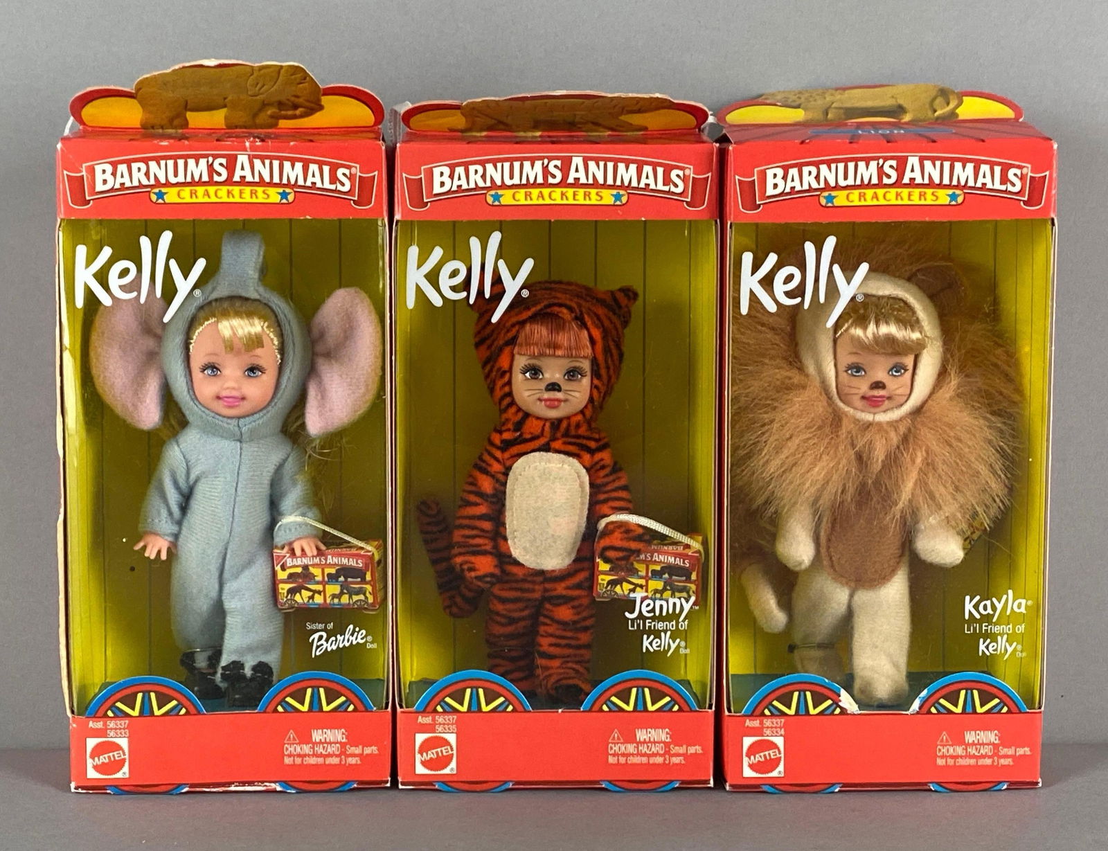 Group of 3 Mattel Kelly Barnum Animals Crackers Fashion Dolls: Includes Jenny, Kayla and Kelly, dolls measures 4 inches