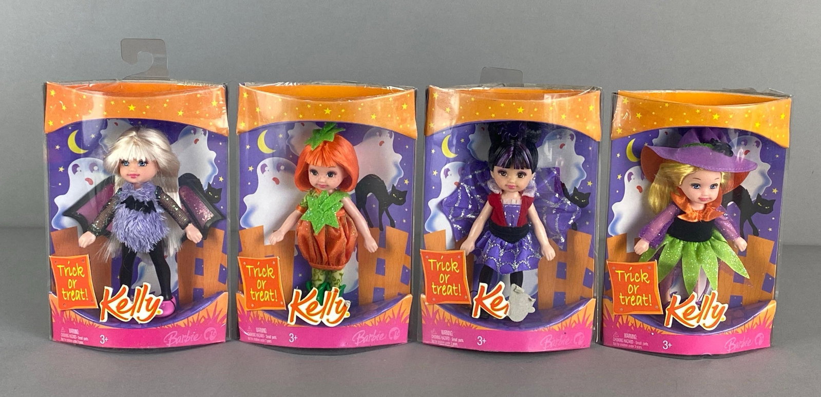 Group of 4 Mattel Kelly Trick or Treat Fashion Dolls: 2008 original packaging, includes Kelly, Miranda, Kayla and Kelly, dolls measure 4 inches tall