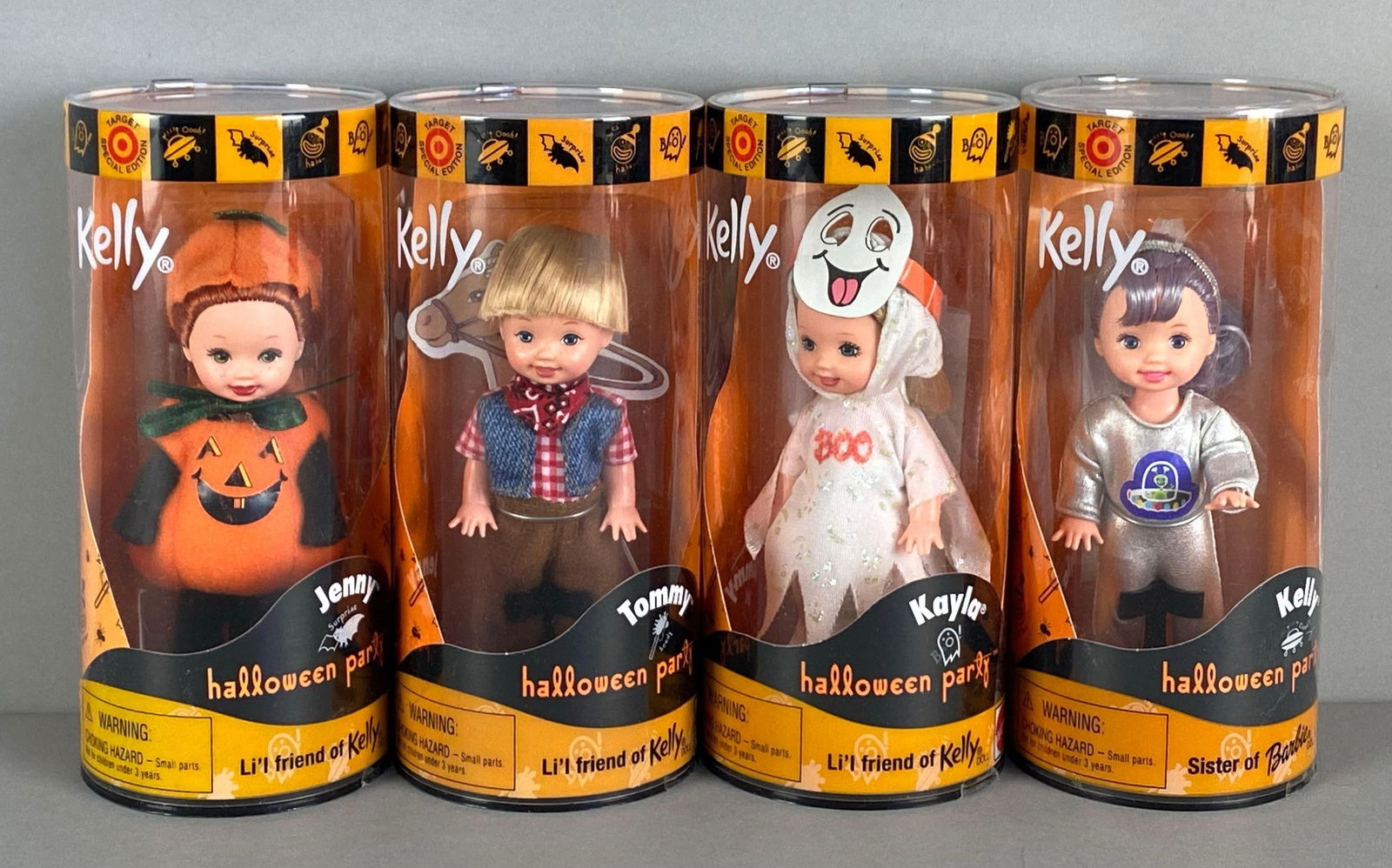 Group of 4 Mattel Kelly Halloween Party Fashion Dolls: 2000 original packaging, includes Kelly, Kayla, Jenny and Tommy, dolls measure 4 inches tall