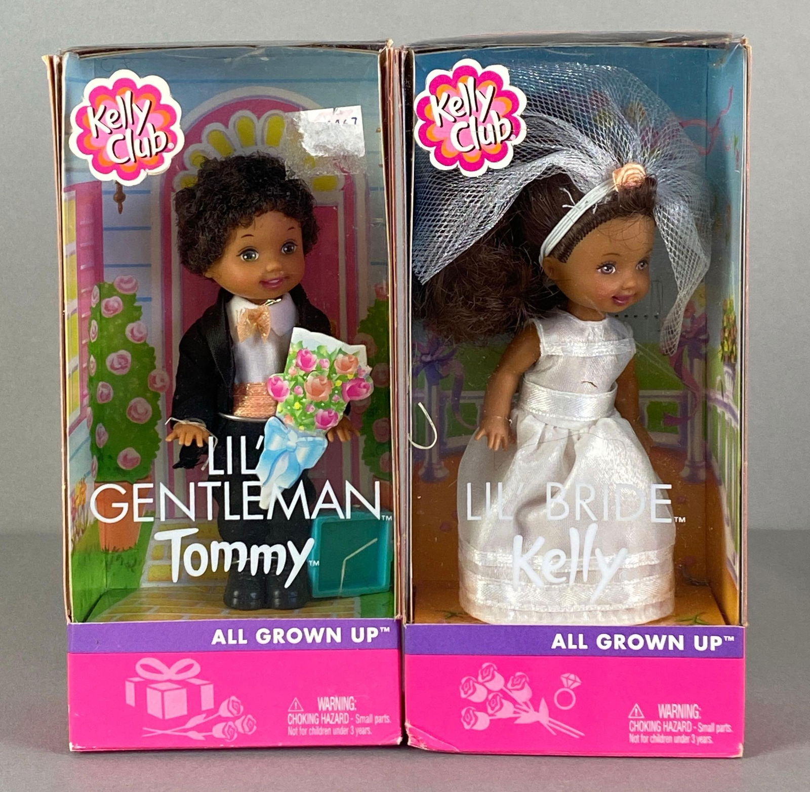 Group of 2 Mattel Barbie Kelly Club Fashion Dolls: 2002 original packaging, includes Lil Gentlemen Tommy and Lil bride Kelly, dolls measures 4 inches tall
