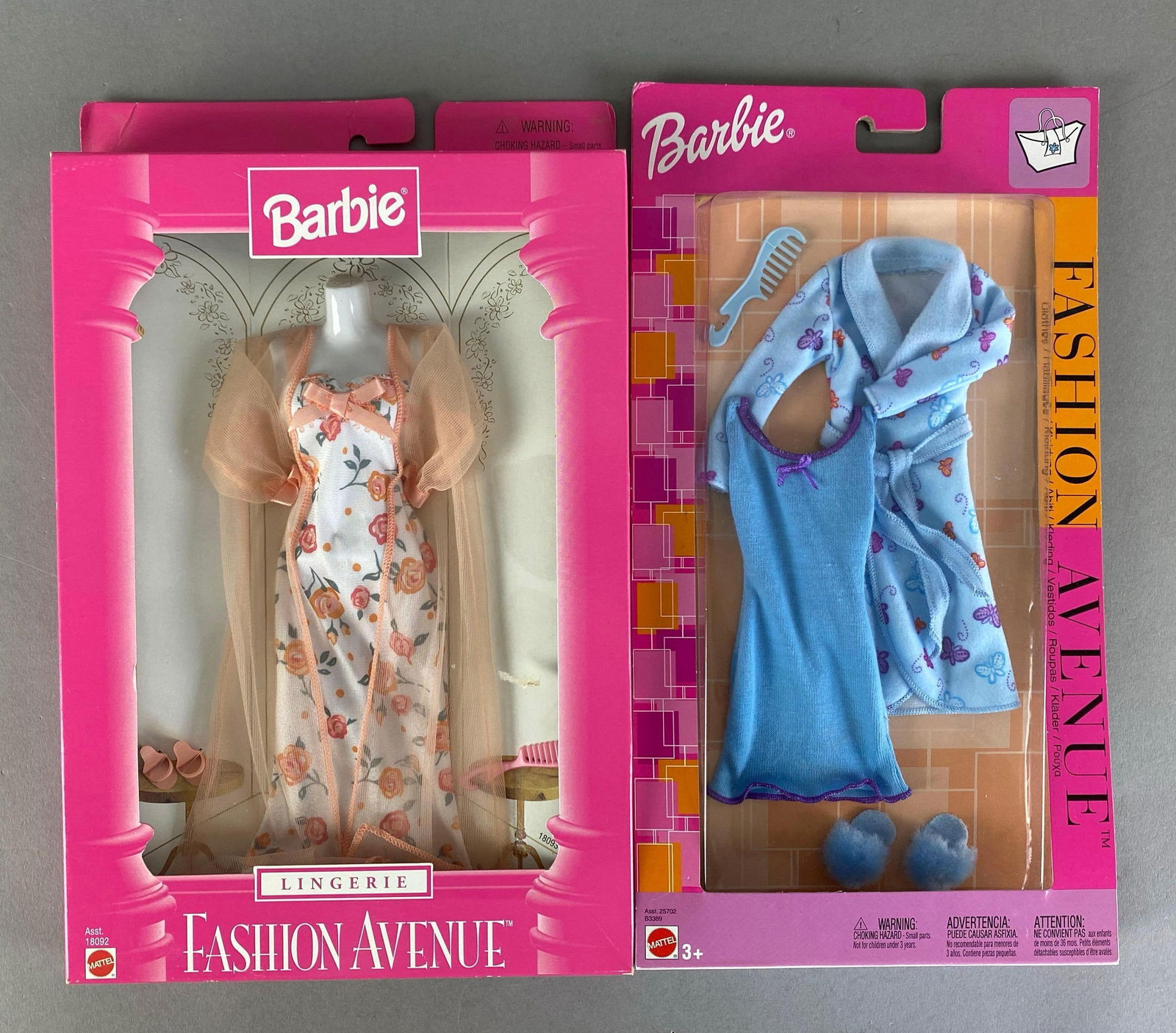 Group of 2 Mattel Barbie Fashion Avenue Fashion Doll Outfits: Like new in packaging, Includes 1997 Lingerie peach set and 2002 blue robe, both fit 11 1/2 inch dolls