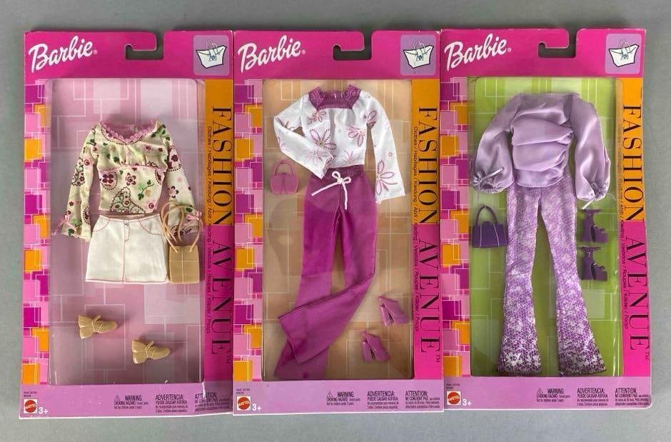 Group of 3 2002 Mattel Barbies Purse Line Fashion Avenue Outfitd: like new in packaging, Includes pink pants set, white skirt set and Lavender set, all fit 11 1/2 inch dolls