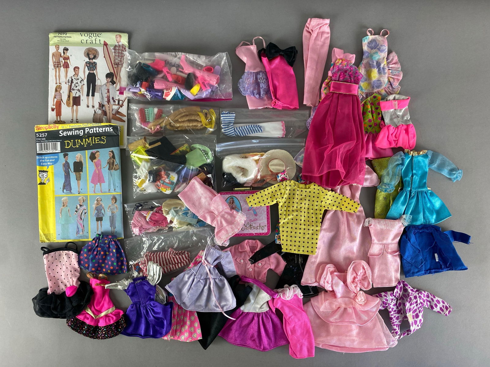 Group of 35+ 1980s - 1990s Mattel Barbies Purple Tags Fashion Doll Accessories: Includes Metal box, stockings, pairs of shoes and more, all fit 11 1/2 inches doll