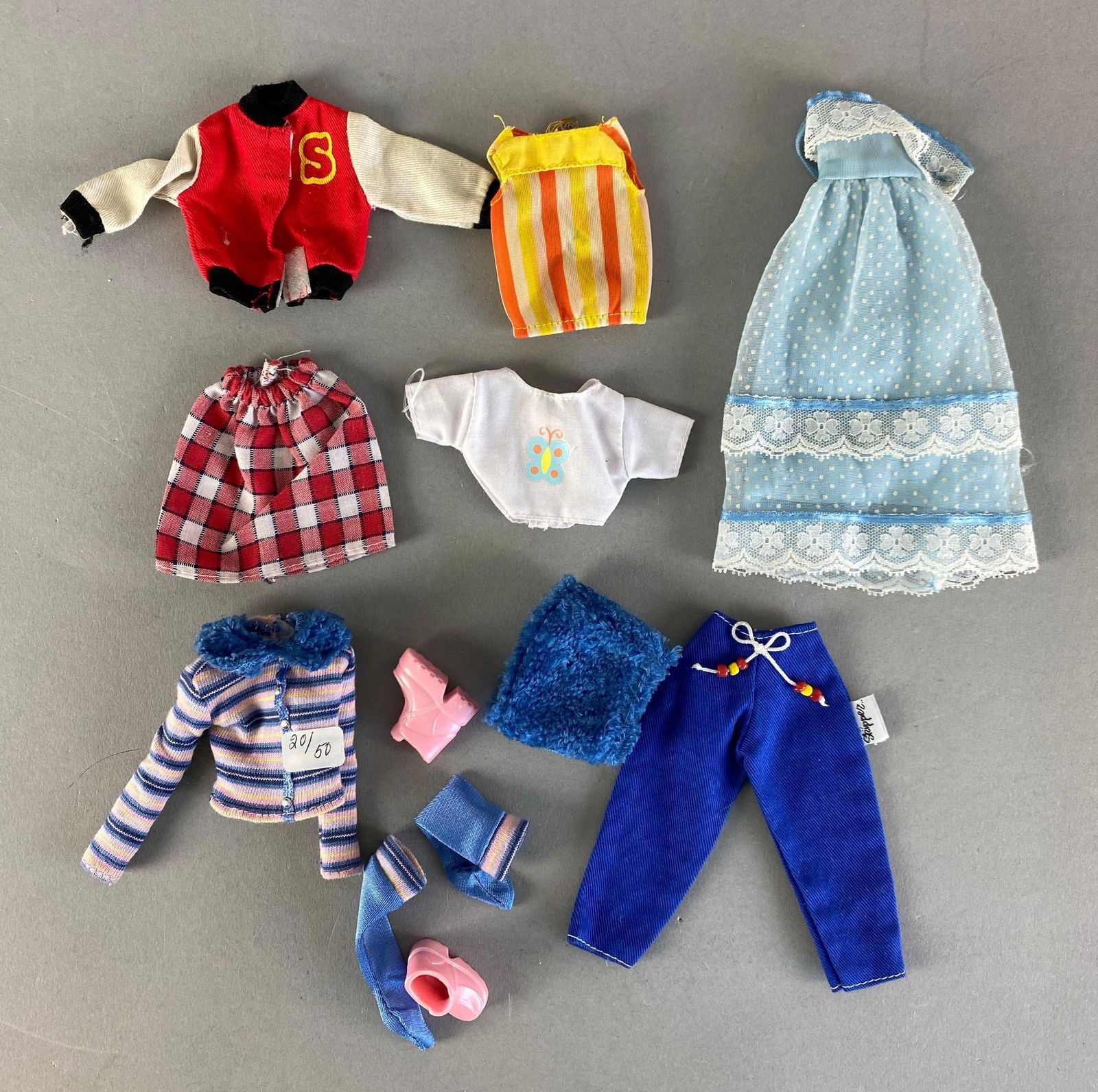 Group of Mattel Barbie Skipper Fashion Dolls Accessories: Includes varsity Jacket, dress, shirt and more, all fit 9 inch tall doll