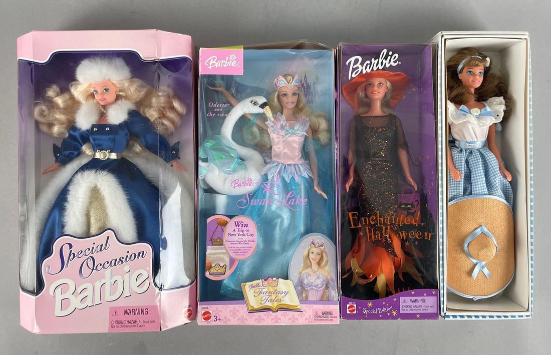 Group of Mattel Barbie Fashion Dolls: Includes swan lake, enchanted Halloween, little Debbie, original packaging