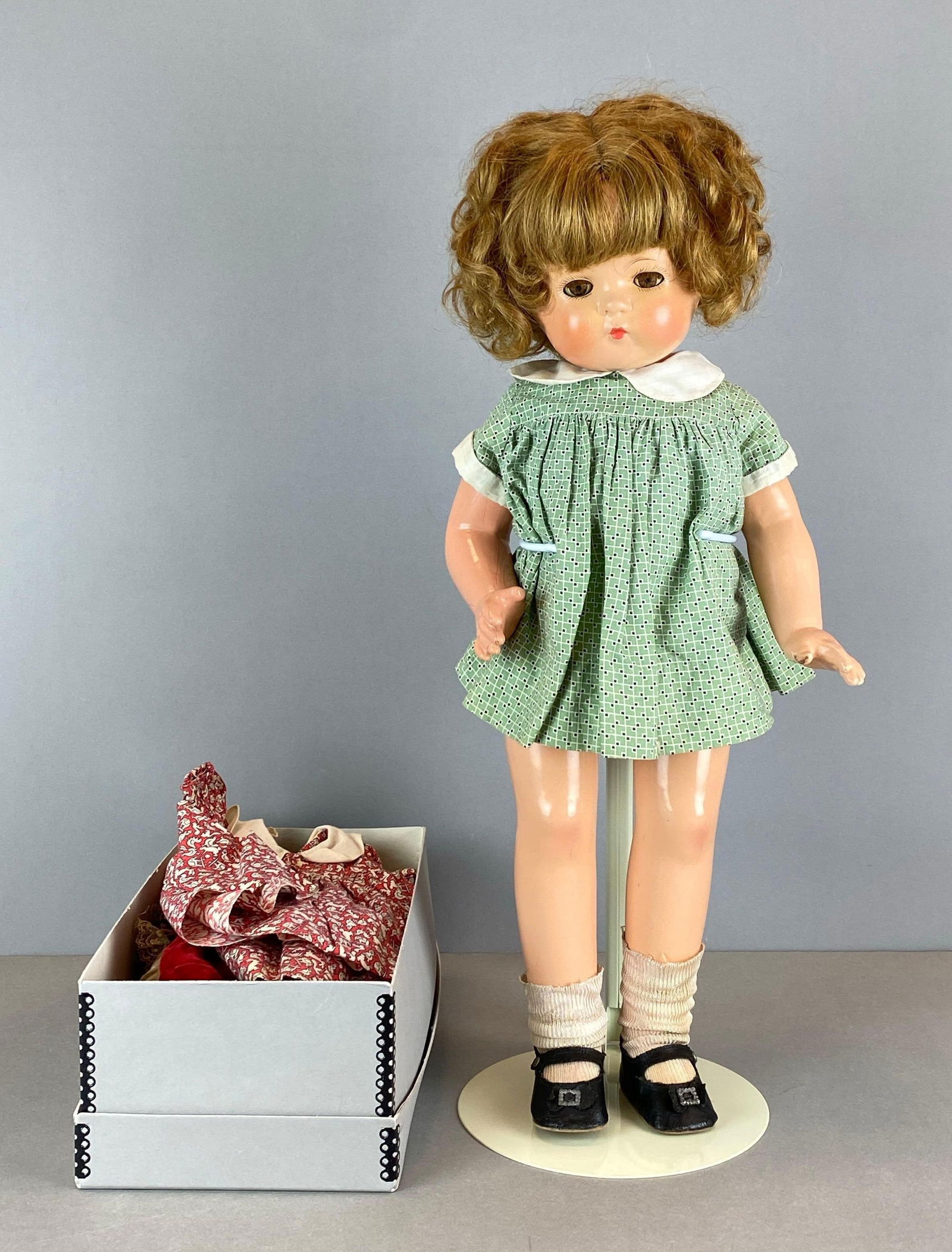 Vintage Effanbee Blonde Composite Doll With Accessories: Includes shoes, dresses, pants and more, no marking on nape, crazing shown on doll, doll measures 22 inches tall