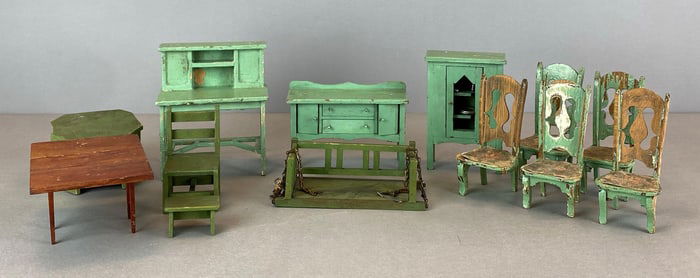 Group of Antique Green Painted Miniature Dollhouse Furniture