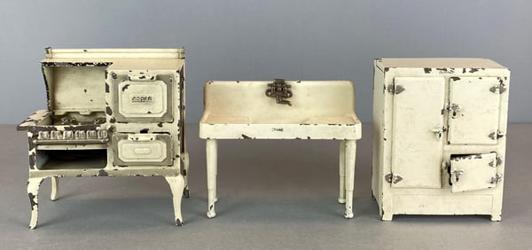 Group of 3 Antique Crane Arcade Cast Iron Miniature Doll Furniture