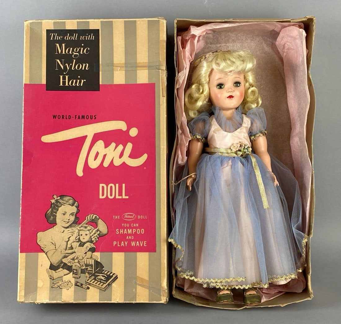 Vintage Ideal Toni P-91 Blonde Walker Doll with Original Box: Green sleepy eyes, With Play Wave Kit, Some tears in box, Box measures 17 1/2 x 9 x 4 inches, Doll measures 16 inches tall.