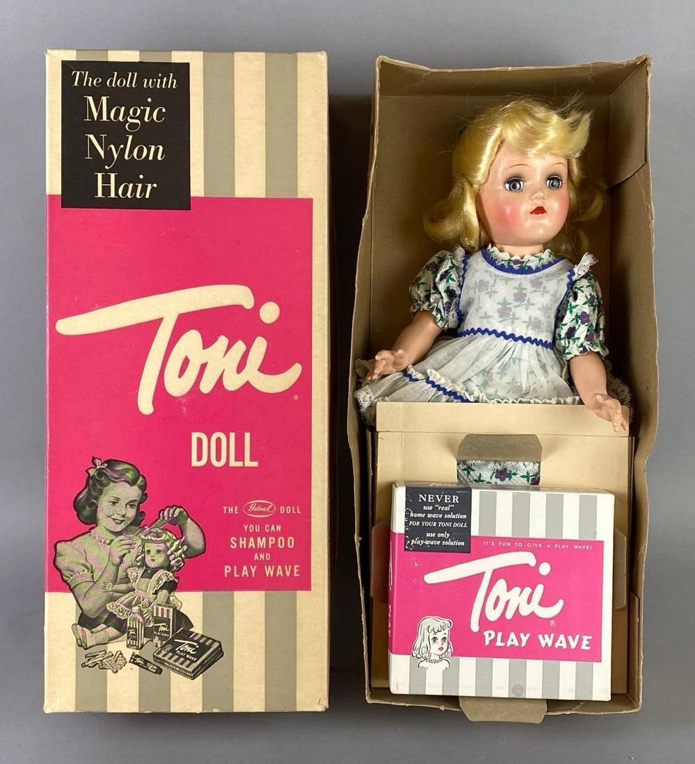 Vintage Ideal Toni P-90 Blonde Walker Doll with Original Box: Blue sleepy eyes, With Play Wave Kit, Box measures 15 1/2 x 6 3/4 x 4 inches, Doll measures 14 1/2 inches tall.
