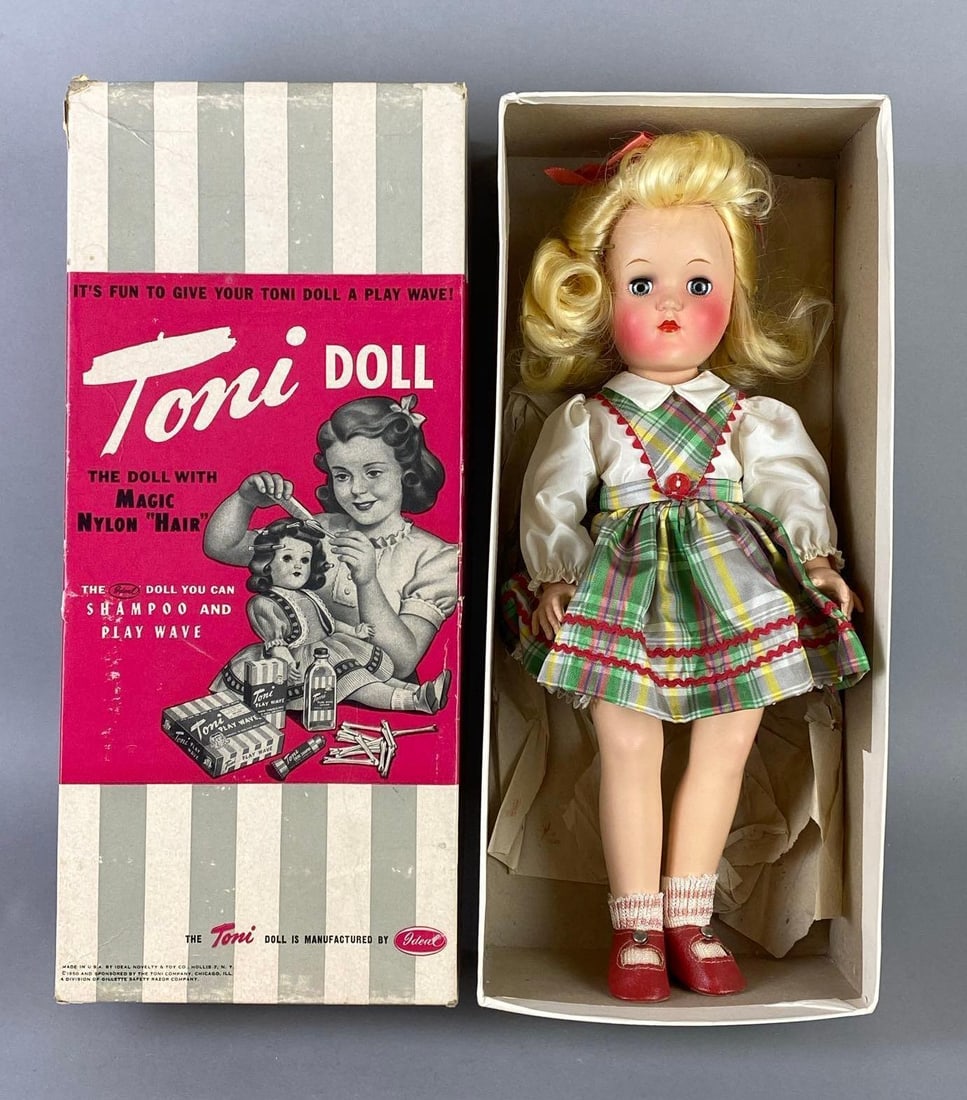 Vintage Ideal Toni P-90 Blonde Doll with Original Box: Green sleepy eyes, Some tears in box, Box measures 15 1/2 x 6 3/4 x 4 inches, Doll measures 14 inches tall.