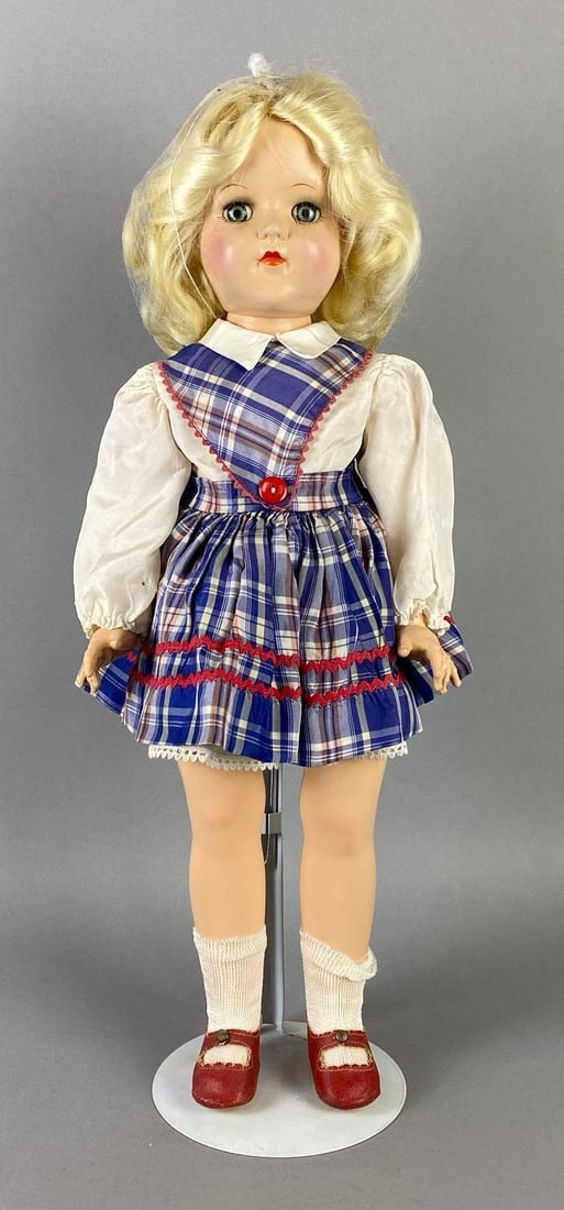 Vintage Ideal Toni P-93 Blonde Doll: Blue-Green Sleepy eyes, Doll stand includes, Doll measures 20 1/2 inches tall.