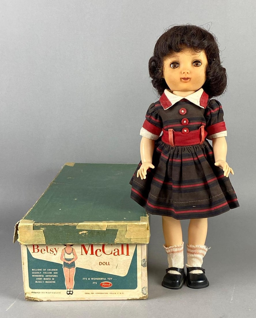 Vintage Ideal Betsy McCall V-90 Black Hair Doll with Original Box: 1951, Amber sleepy eyes, Box taped, Some tears in box, Box measures 15 1/2 x 6 3/4 x 4 1/4 inches, Doll measures 14 inches tall.