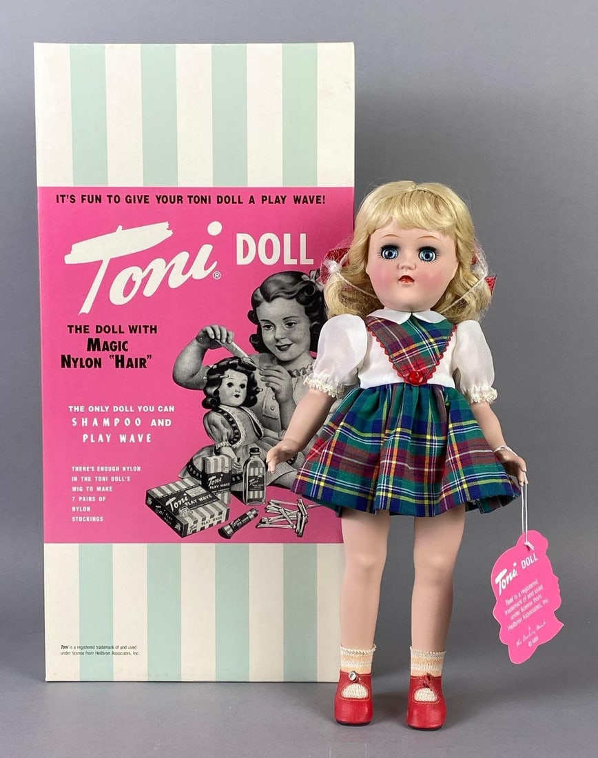 Danbury Mint Ideal Toni Porcelain Collectors Doll with Box: Danbury Mint porcelain reproduction of vintage Ideal Toni blonde doll, Box measures 17 3/4 x 8 3/4 x 5 1/2 inches, Doll measures 14 inches tall.