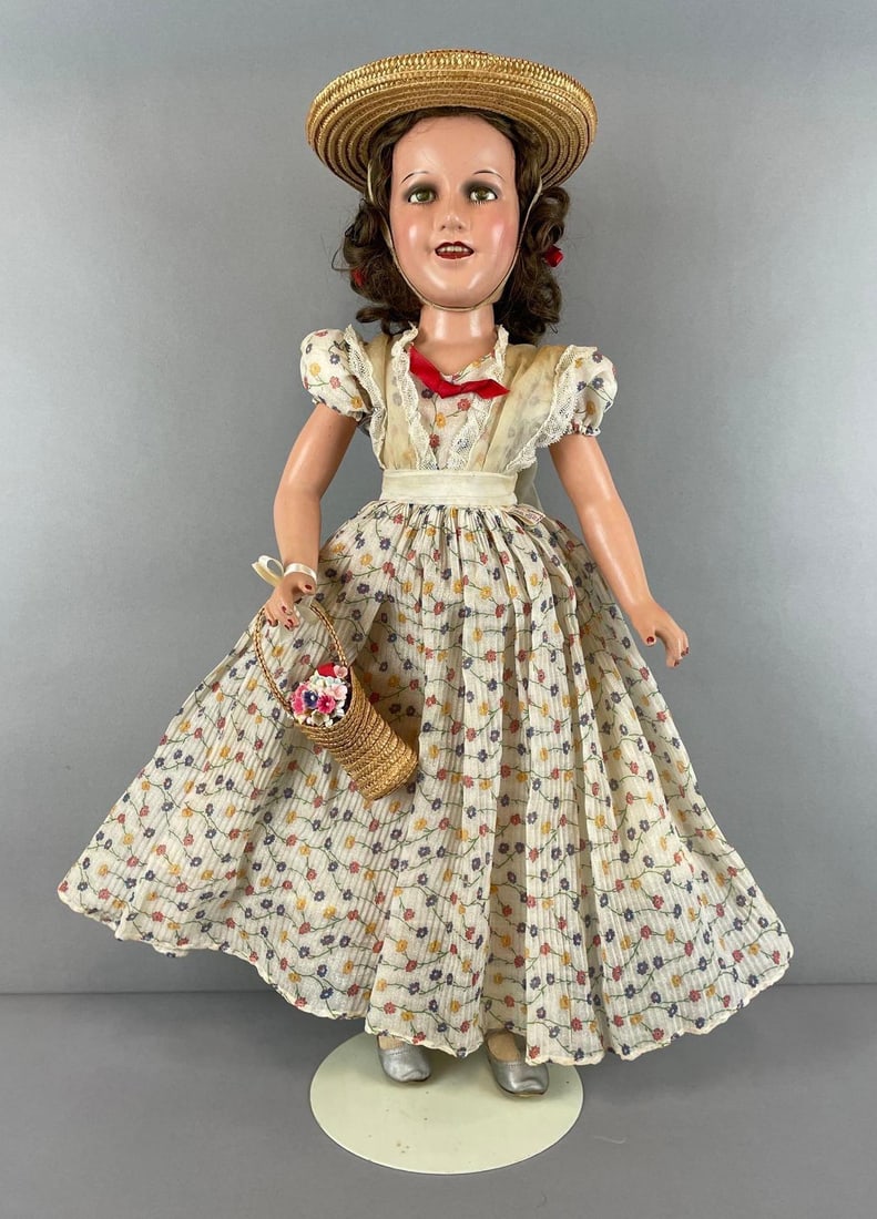 Antique Ideal Deanna Durbin Composite Doll: Stand not included, some cracks, chip at base of head, scuffs on fingers, original dress, measures 25 inches