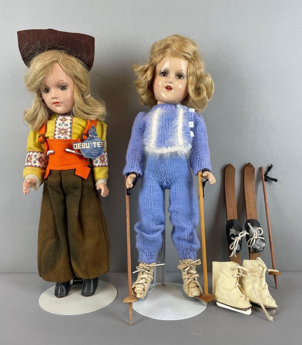 Group of 2 Vintage Composite Winter Dolls: Includes debu'tee, Sonja Henie skating ski doll, each measure 14 1/2 inches