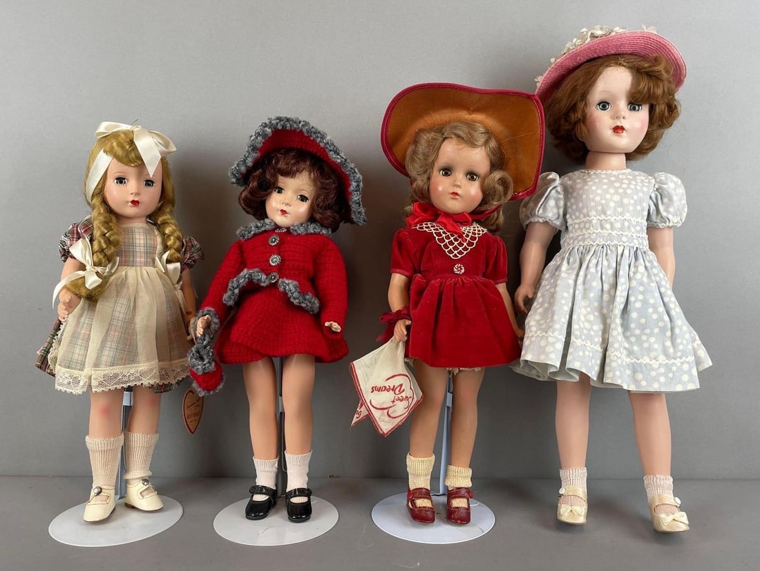 Group of Vintage Plastic Dolls: Includes paradise doll, red knit doll missing hand, hair comes off, tallest is Walker, measures 17 1/2 inches