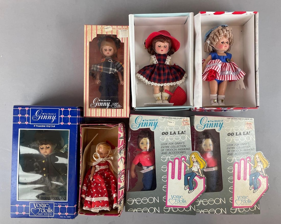 Group of Vogue Ginny Plastic Dolls: Includes vintage and modern in original packaging, 8 inch dolls