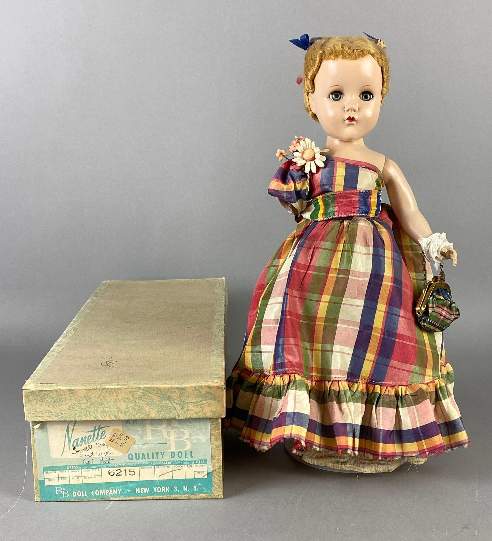 Arranbee Nanette No. 6215 Blonde Doll with Original Box: Blue sleepy eyes, Right arm not attached, Doll stand included, Box measures 15 1/2 x 6 x 4 inches, Doll measures 14 inches tall.
