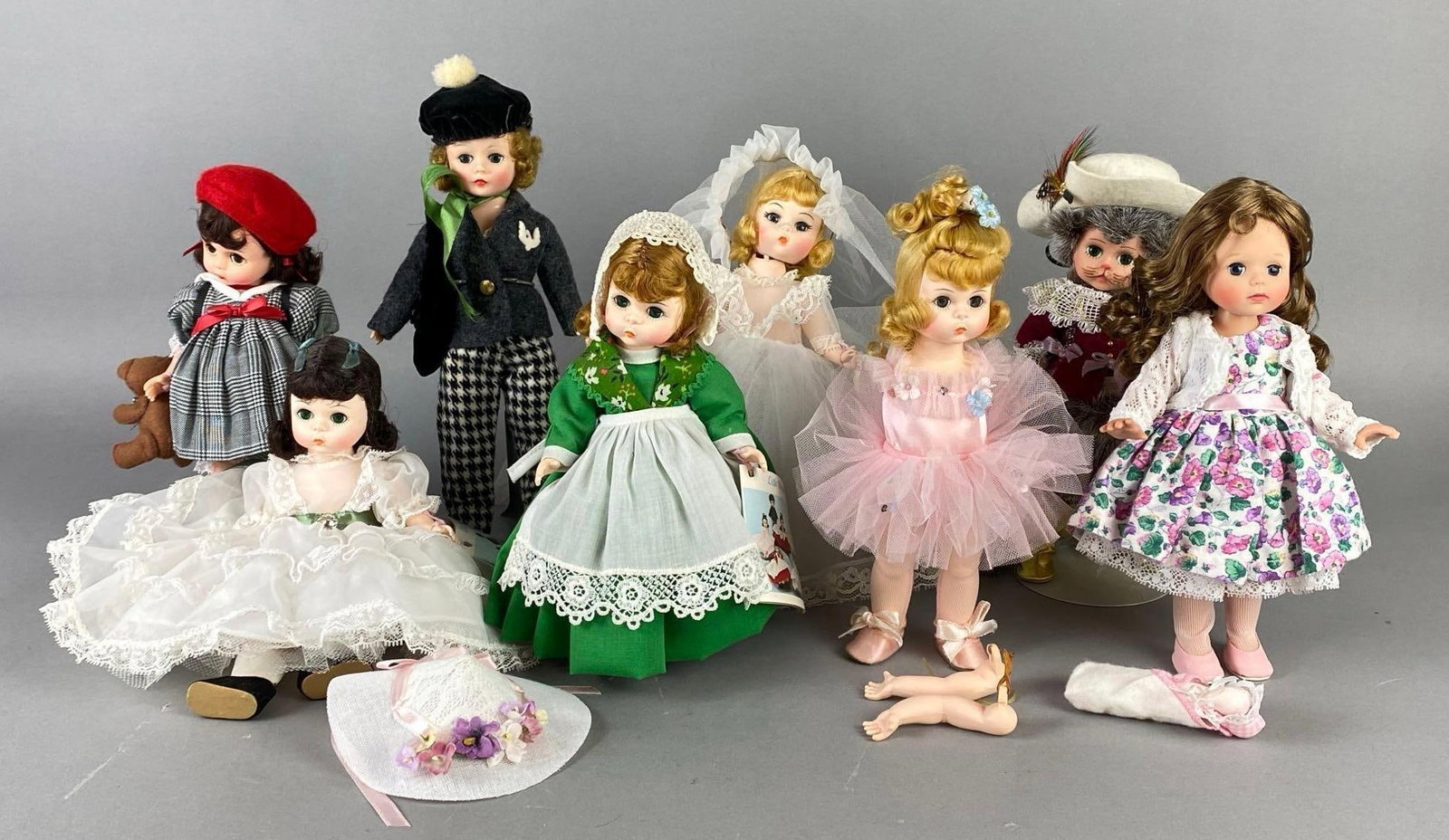 Group of Madame Alexander Dolls and More: Includes Madame Alexander, and Susan Walker, Some missing or broken parts, Includes bride, ballerina, storyland, and more, Tallest measures 9 1/2 inches tall.