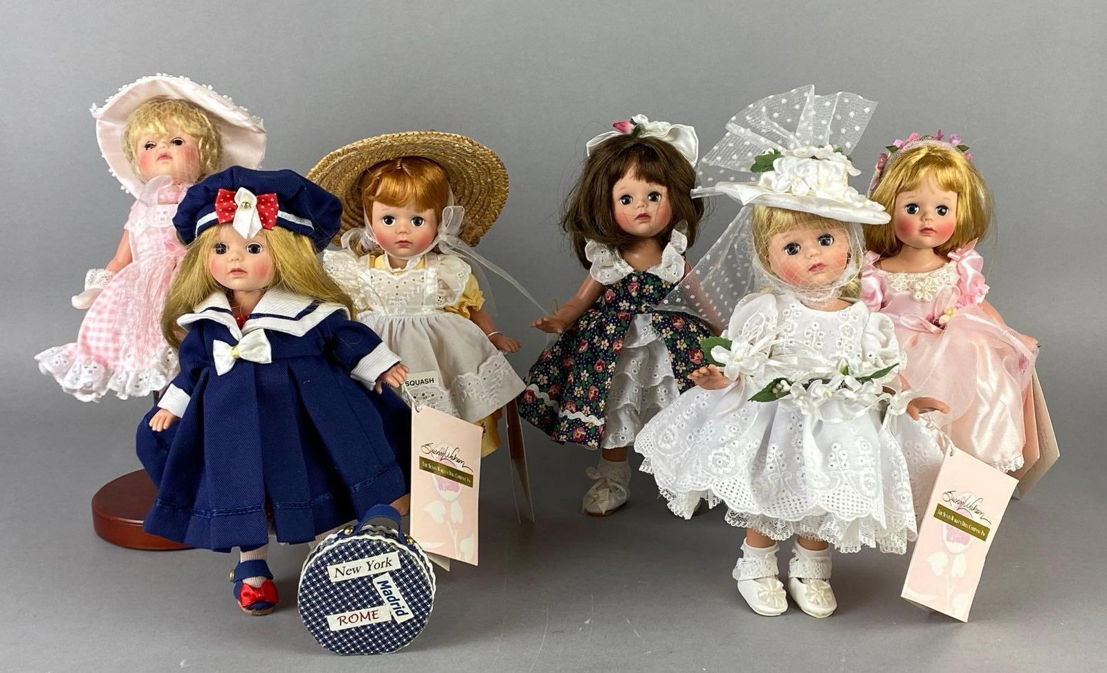 Group of 6 Susan Waukeen Dolls: All with original tags, Includes Sunday-Fridays Child, Some loose joints, All measure 8 1/4 inches tall.