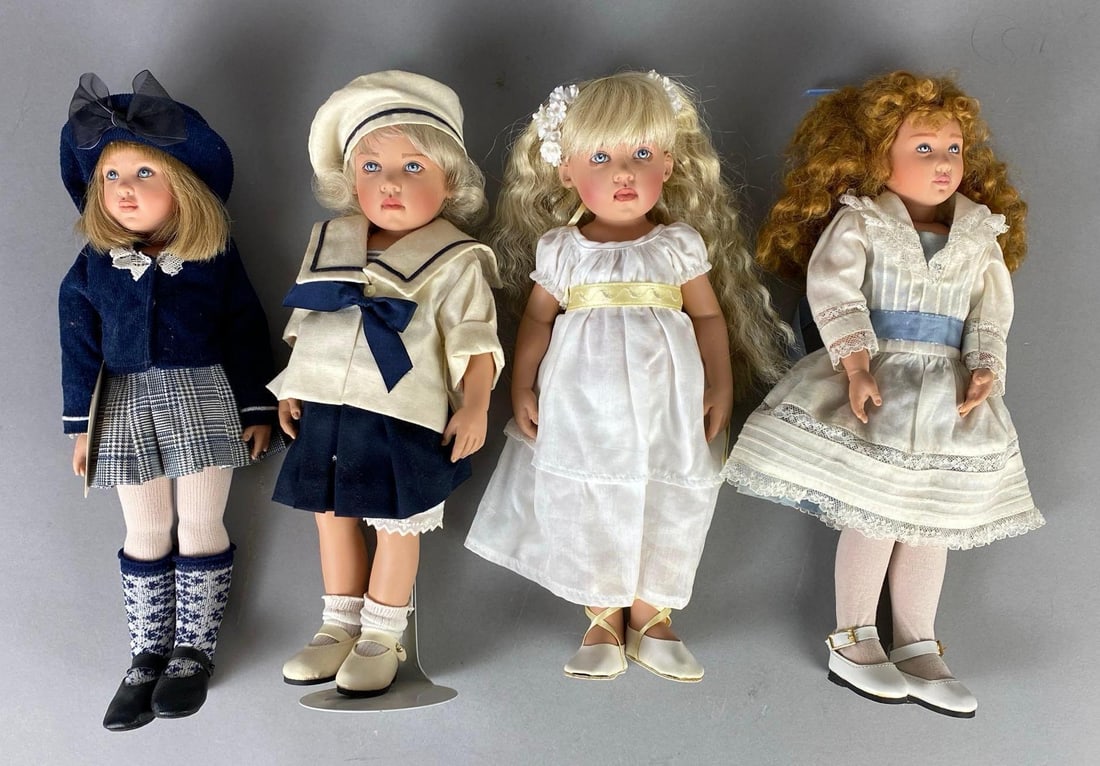 Group of 4 Kish and Co. Dolls: Includes Kristina, Frene, Deidre, and other, One with original tag, Includes doll stand, Tallest measures 12 inches tall.