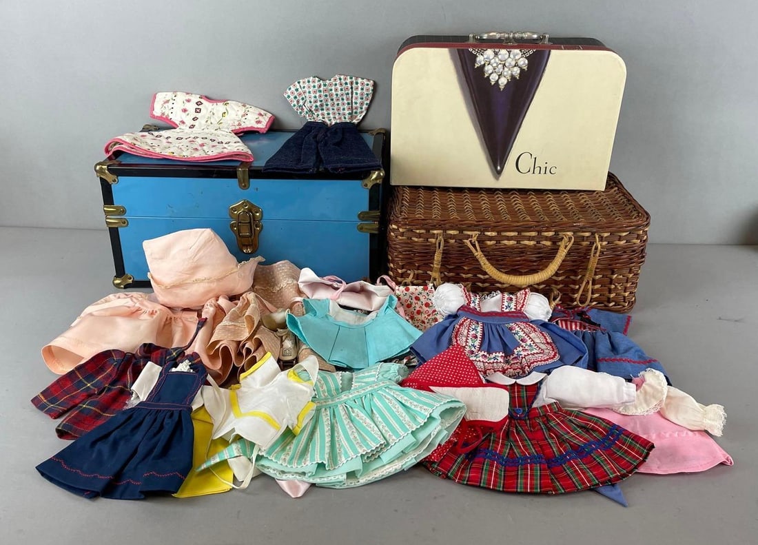 Group of Vintage Doll Clothes and Accessory Cases: Largest trunk measures 8 x 15 3/4 x 8 1/2 inches