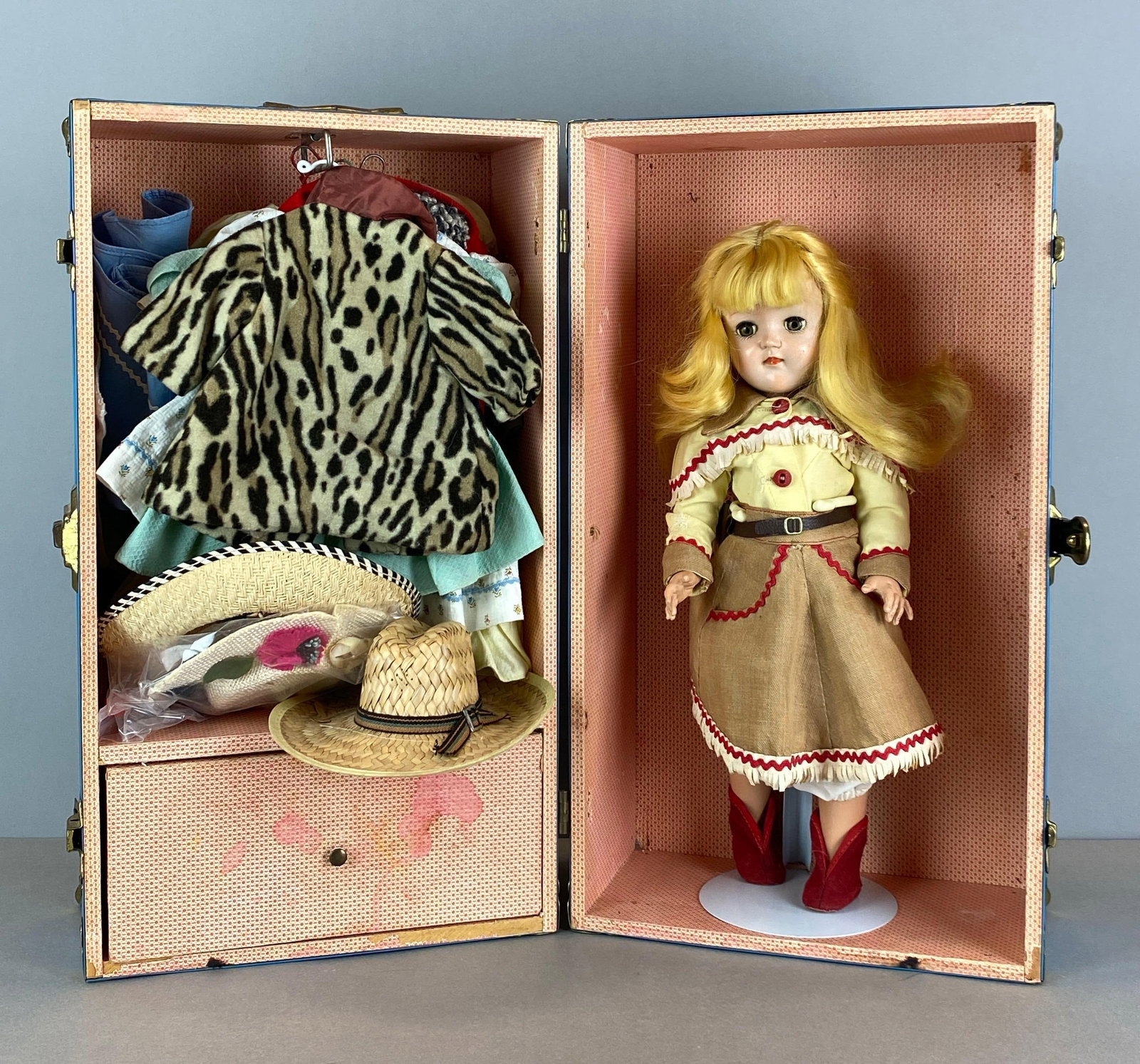 Vintage Ideal Cowgirl Doll With Accessories: With travel case, p-91 model, includes dresses, guns, pairs of shoes and more, doll measures 15 1/2 inches tall