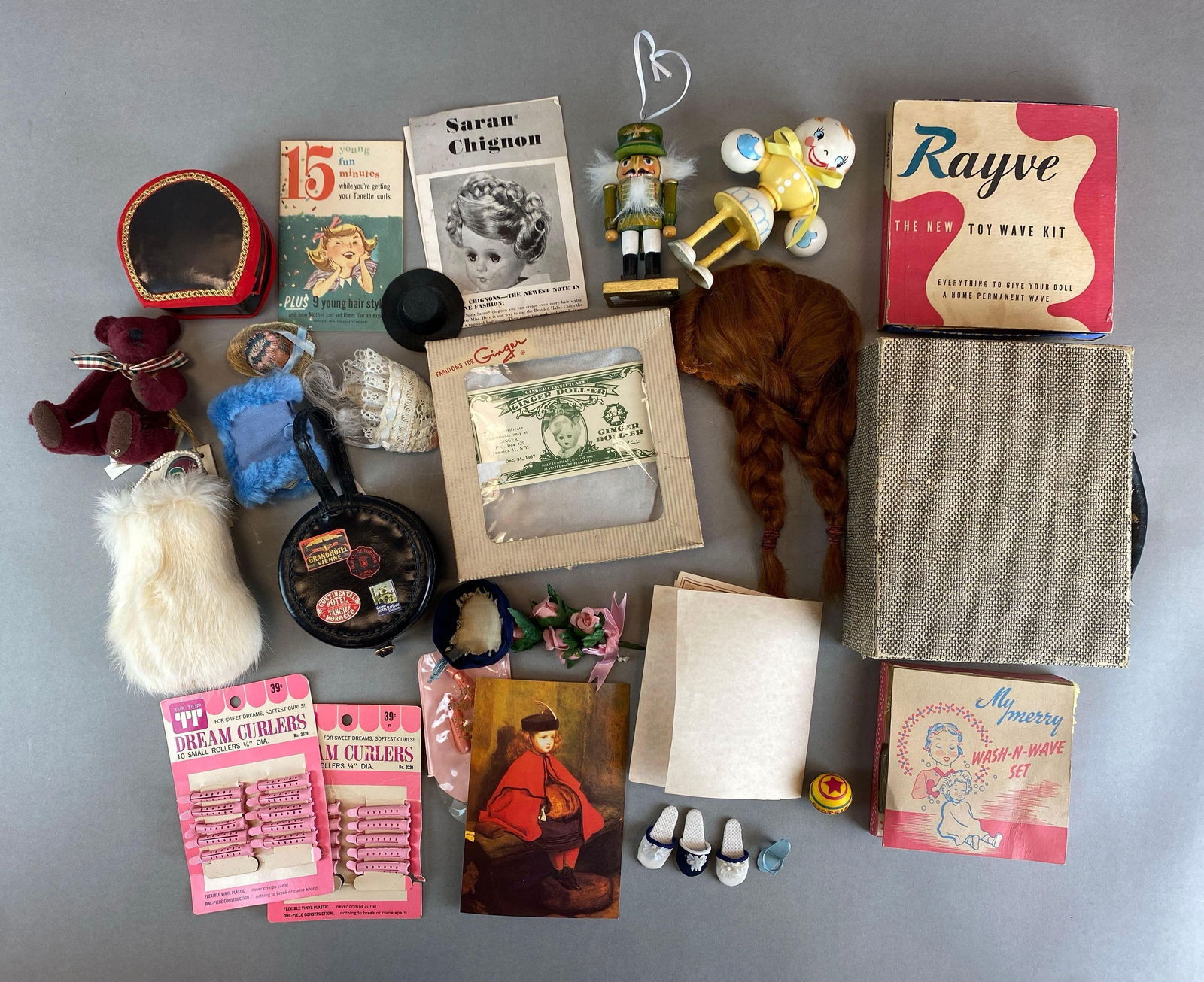 Group of Assorted Vintage Doll Items: Includes Rayve you wave kit, tip top dream curlers, wig and more, largest measures 7 1/2 x 7 x 2 1/2 inches