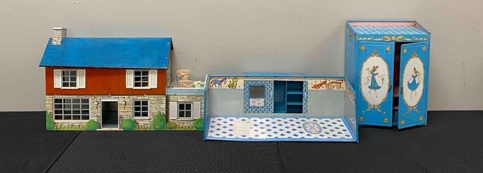 Group of 3 Vintage Tin Litho Miniature Doll Playsets and More